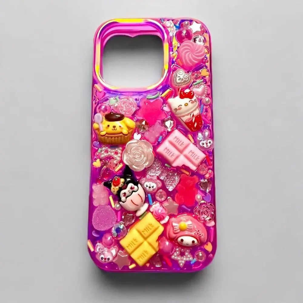 Decoden Junk Style Phone Case, iPhone 16 PRO Handmade Sanrio Theme Hot Pink